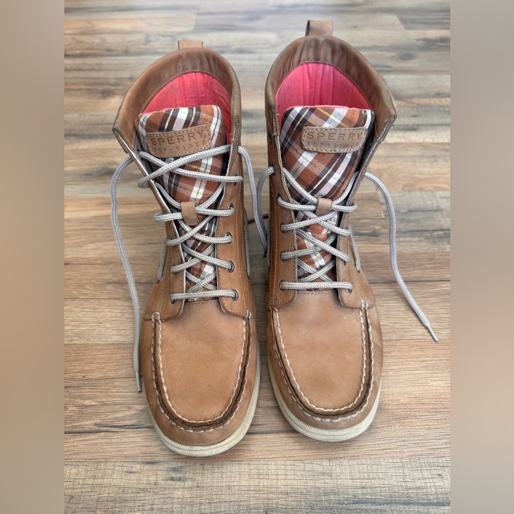 Sperry Women’s Top Sider Tan Leather Lace Up Boots with Plaid Accent 8.5 - Picture 2 of 11